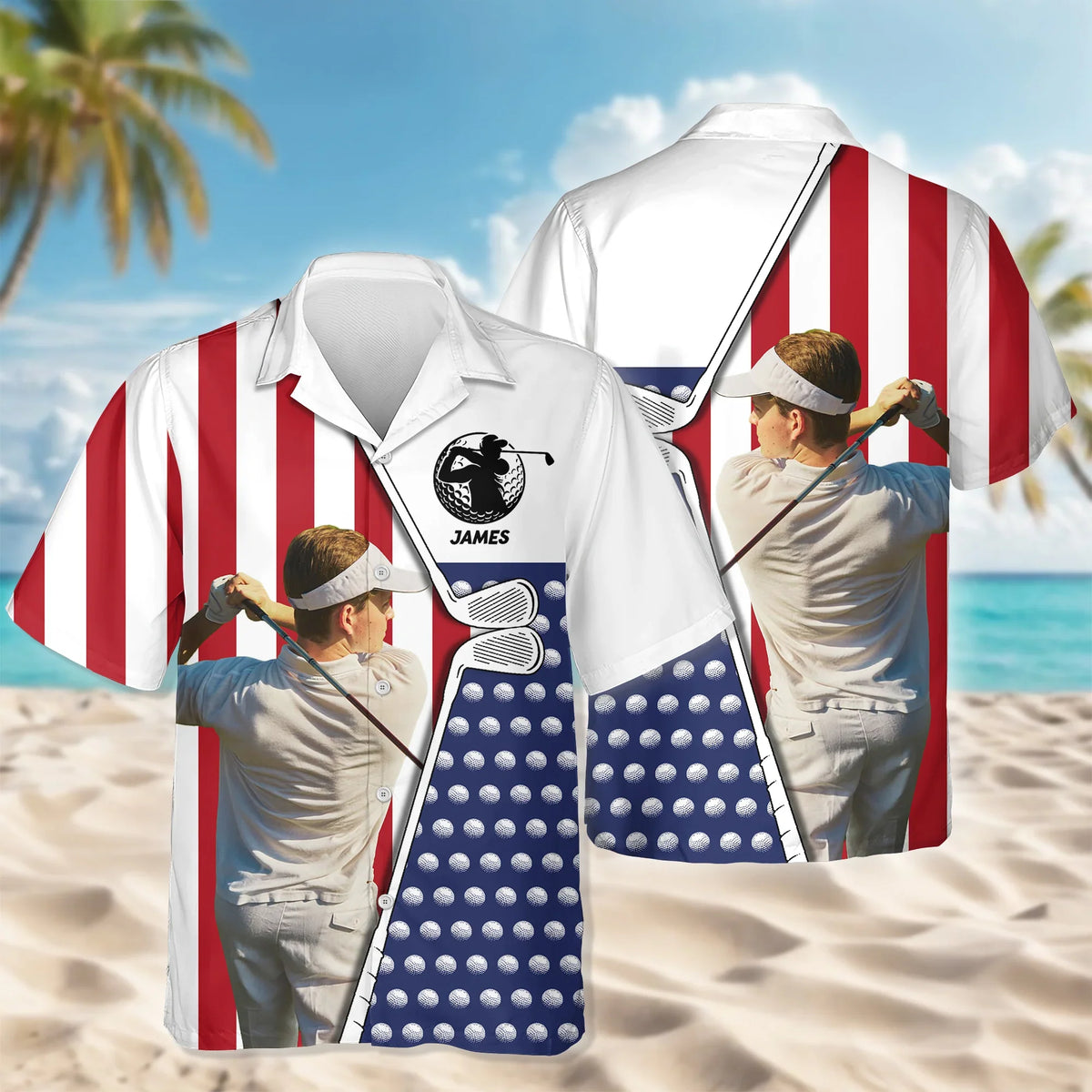 BlueJose Custom Photo And Name Golf USA Flag Pattern Hawaii Shirt
