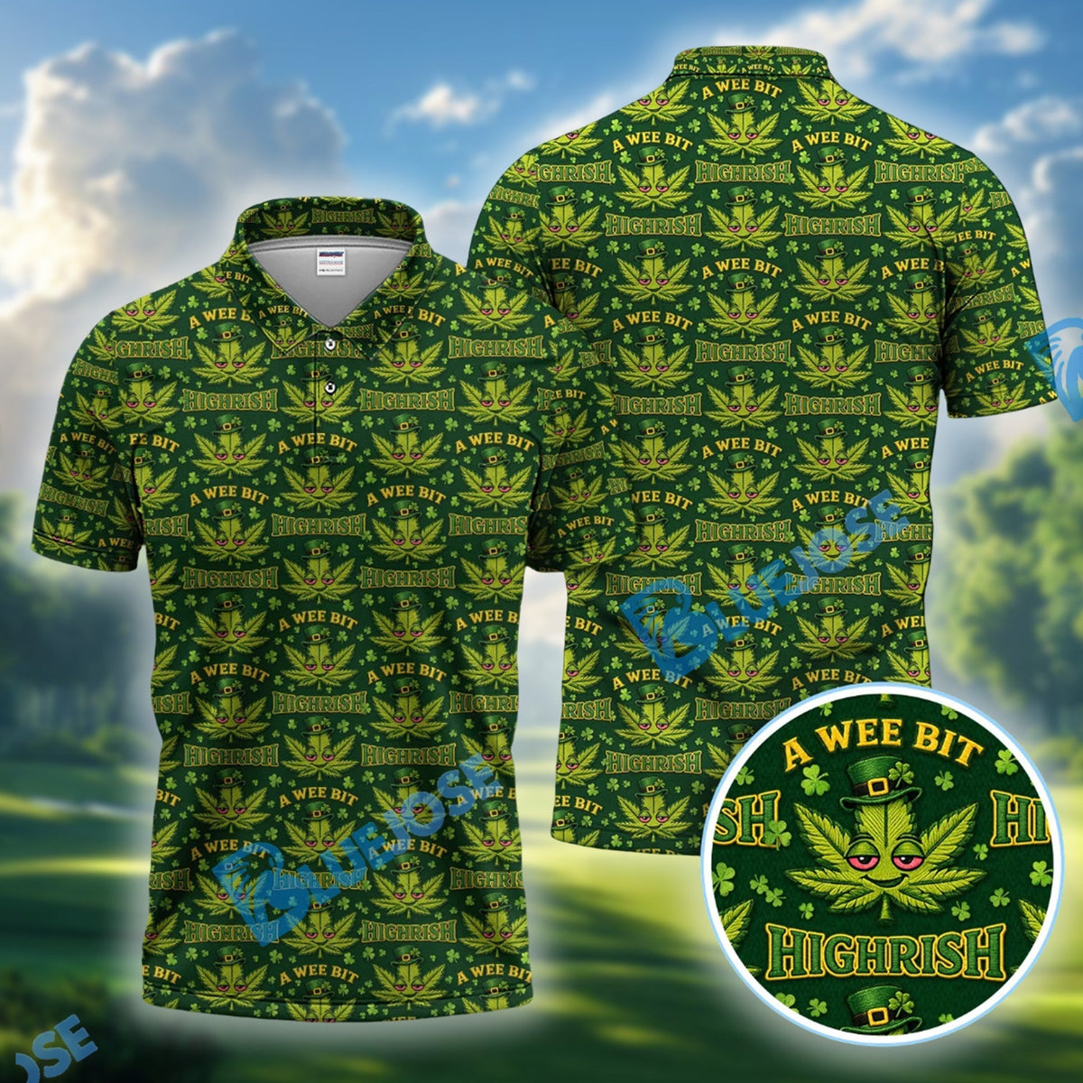 BlueJose A Wee Bit Highrish St. Patrick‚Äö√Ñ√∂‚àö√ë‚àö¬•s Day Golf Polos, Funny Irish Green Pattern Golf Shirt, Golf Gift For Golfer