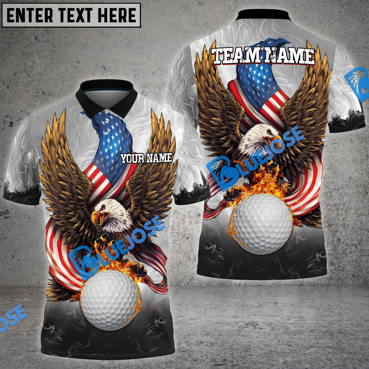BlueJose Golf Fire Ball Eagle American Flag Customized Name, Team Name 3D Shirts (4 Colors)
