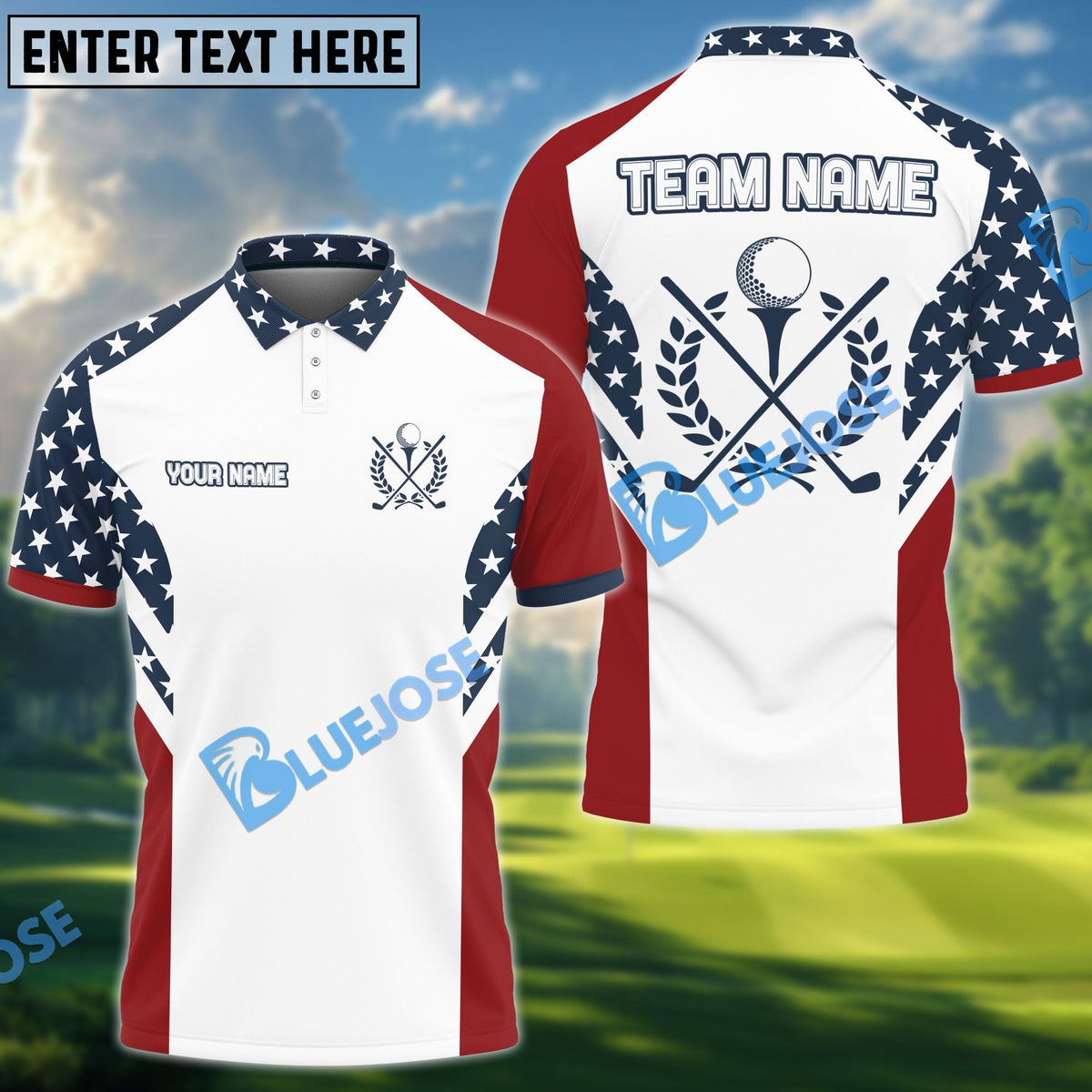 BlueJose Golf USA Flag Customized Name, Team Name 3D Shirts