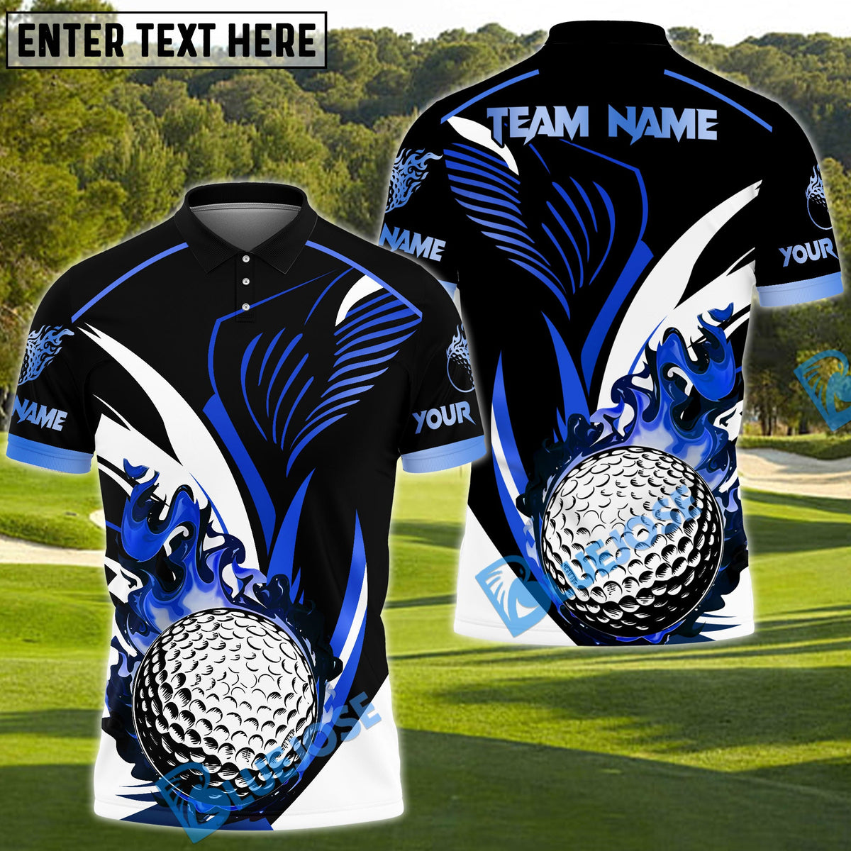 BlueJose Golf Golden Flame Golf Ball Customized Name, Team Name 3D Shirts (4 Colors)