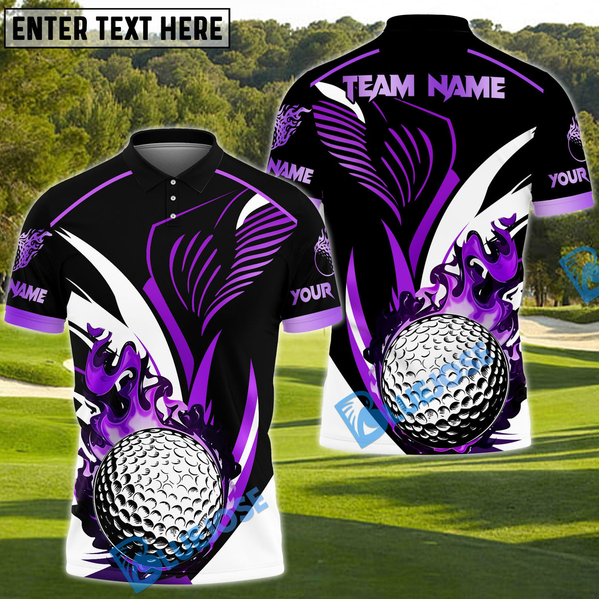 BlueJose Golf Golden Flame Golf Ball Customized Name, Team Name 3D Shirts (4 Colors)