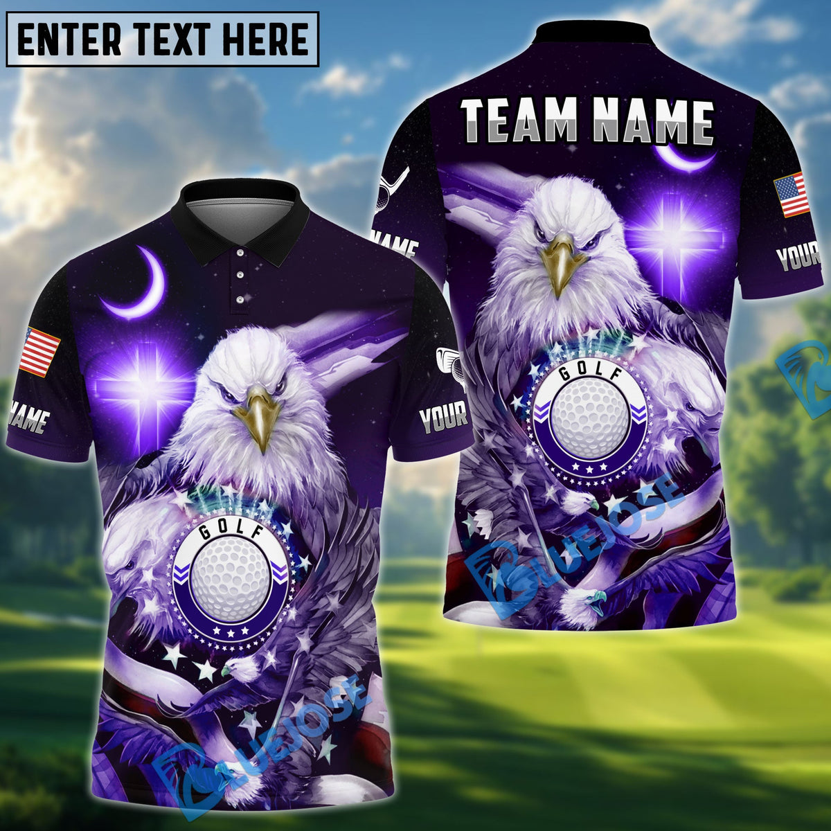 BlueJose Golf Ball Cross Eagle American Flag Customized Name, Team Name 3D Shirts (4 Colors)