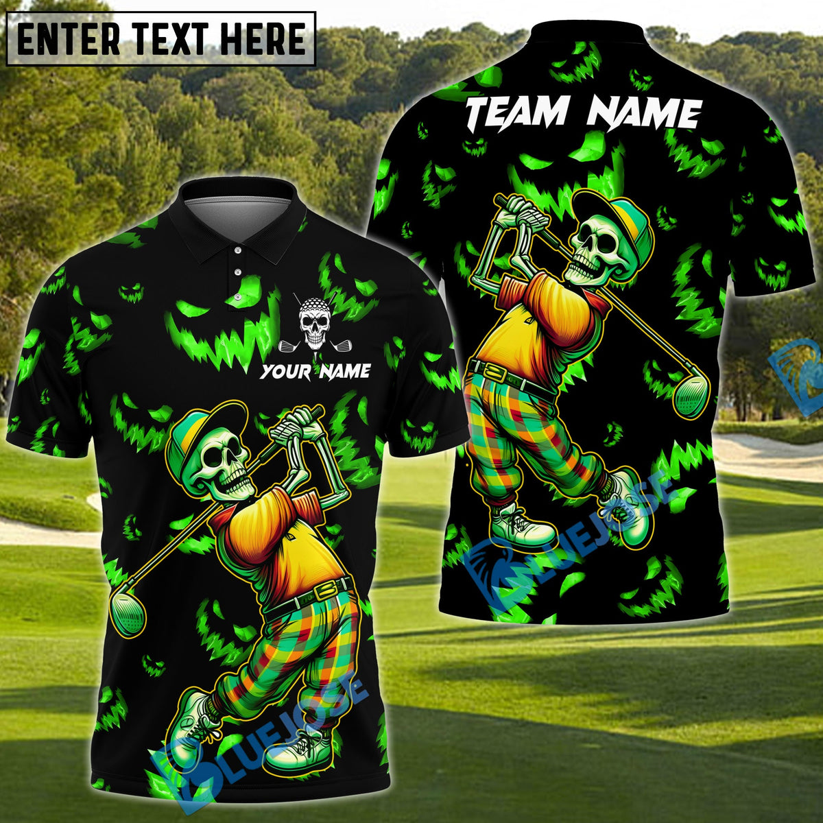 BlueJose Halloween Skeleton Golf Polo Shirt, Customized Name & Team Name 3D Shirts (4 Colors)