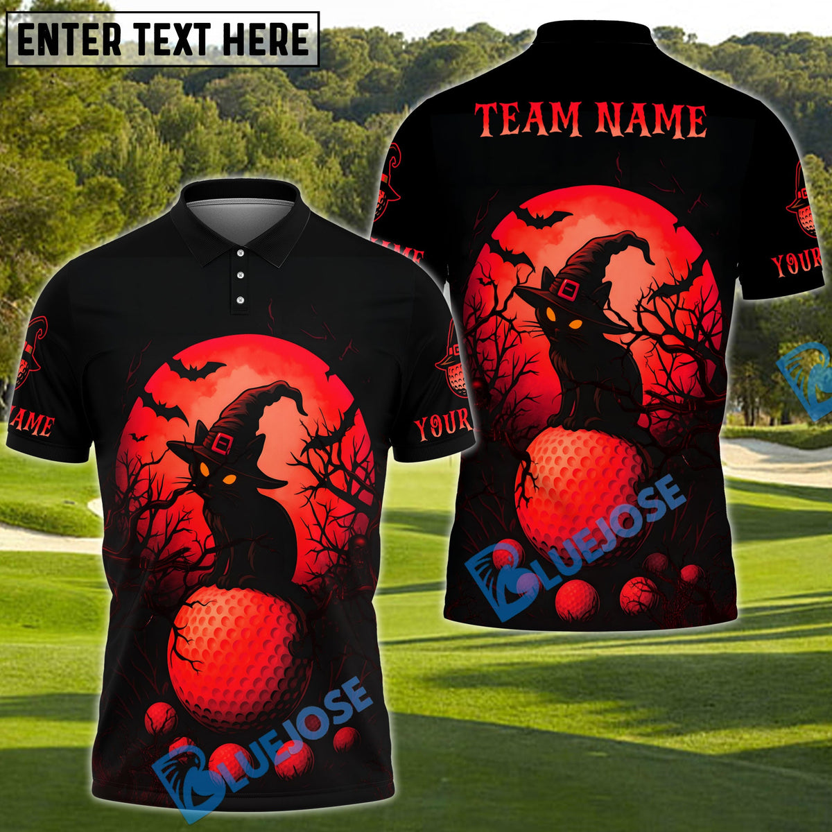 BlueJose Halloween Black Cat Golf Polo Shirt, Customized Name & Team Name 3D Shirts (4 Colors)