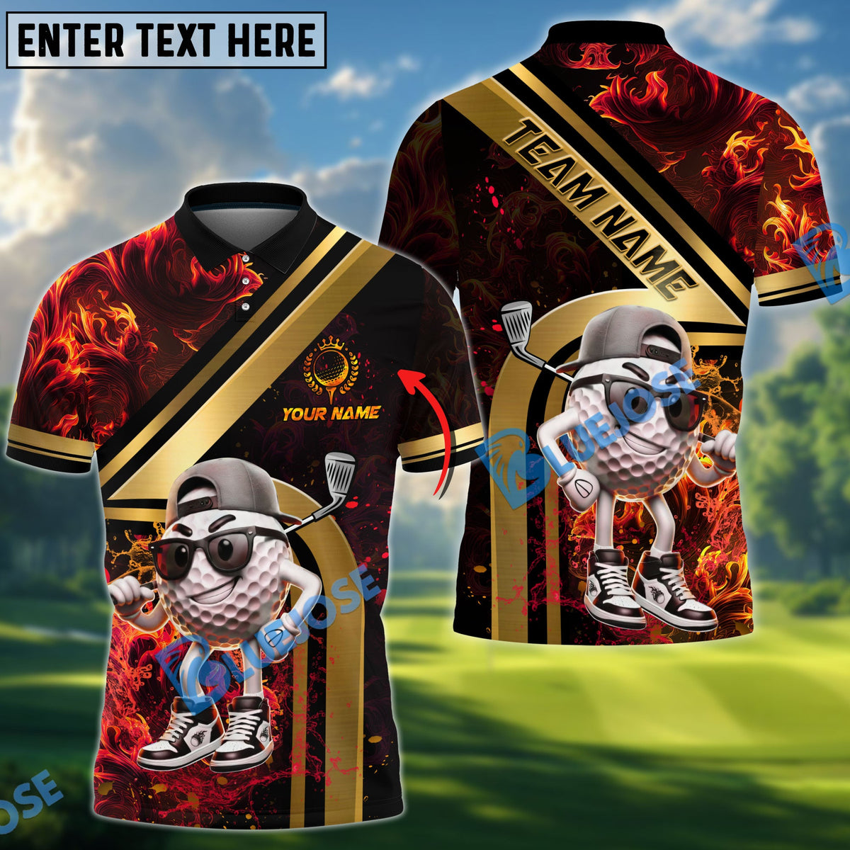 BlueJose Cartoon Golf Ball Fire Flames Golden Line Style Customized Name & Team Name 3D Shirts (4 Colors)