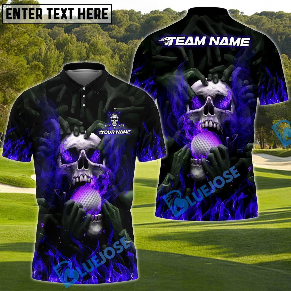 BlueJose Flaming Skull Golf Polo Shirt, Customized Name & Team Name 3D Shirts (4 Colors)