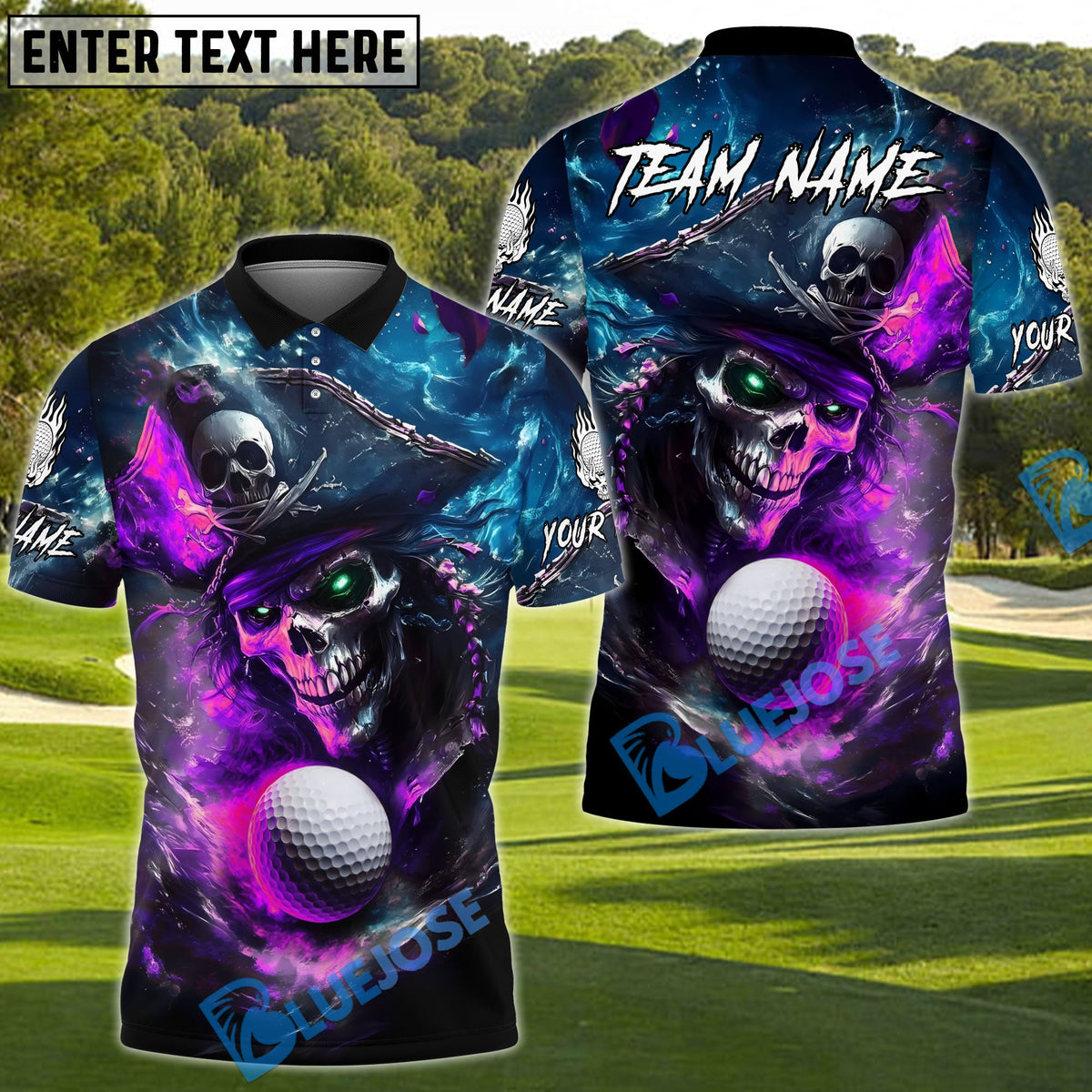 BlueJose Skull Captain Drive Funny Golf Polo Shirt, Customized Name & Team Name 3D Shirts (4 Colors)