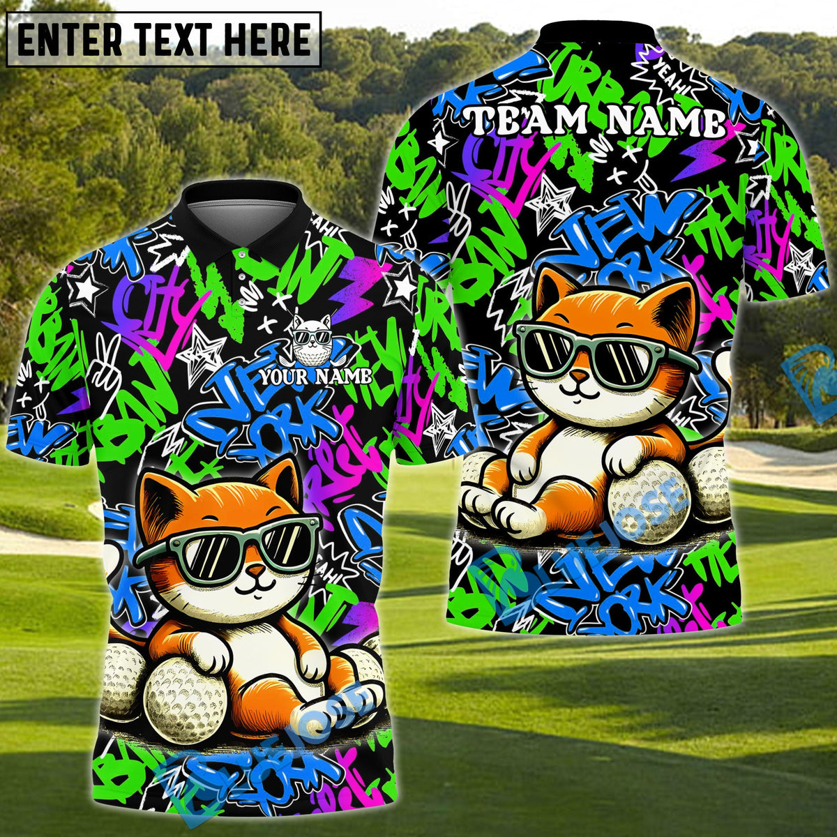 BlueJose Cool Cat Swing Golf Polo Shirt, Customized Name & Team Name 3D Shirts (4 Colors)