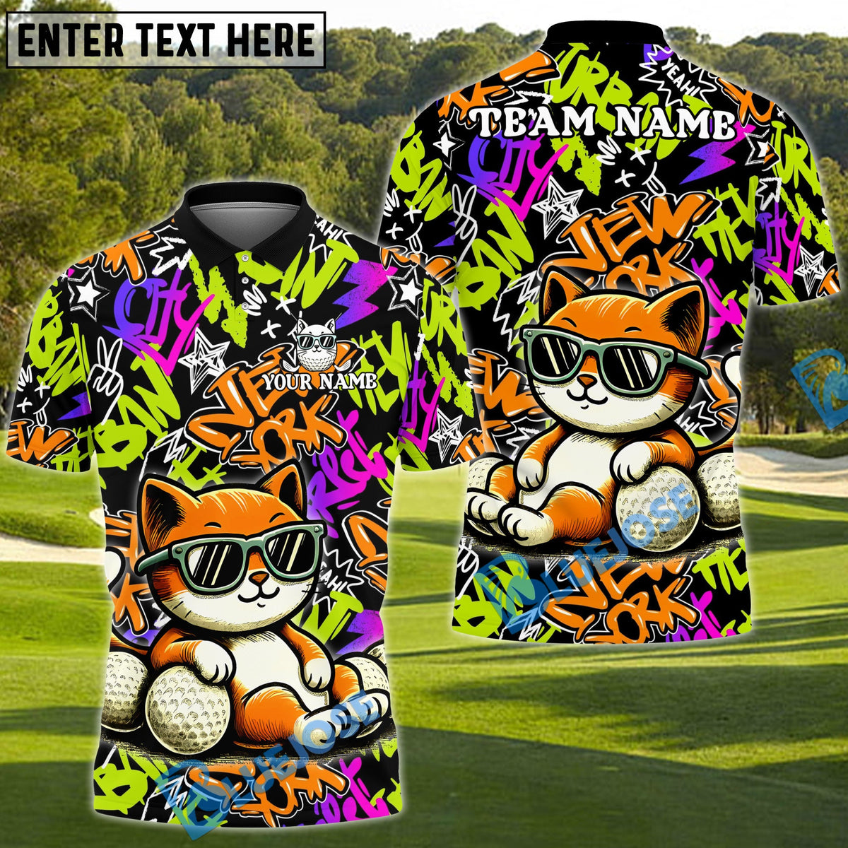 BlueJose Cool Cat Swing Golf Polo Shirt, Customized Name & Team Name 3D Shirts (4 Colors)