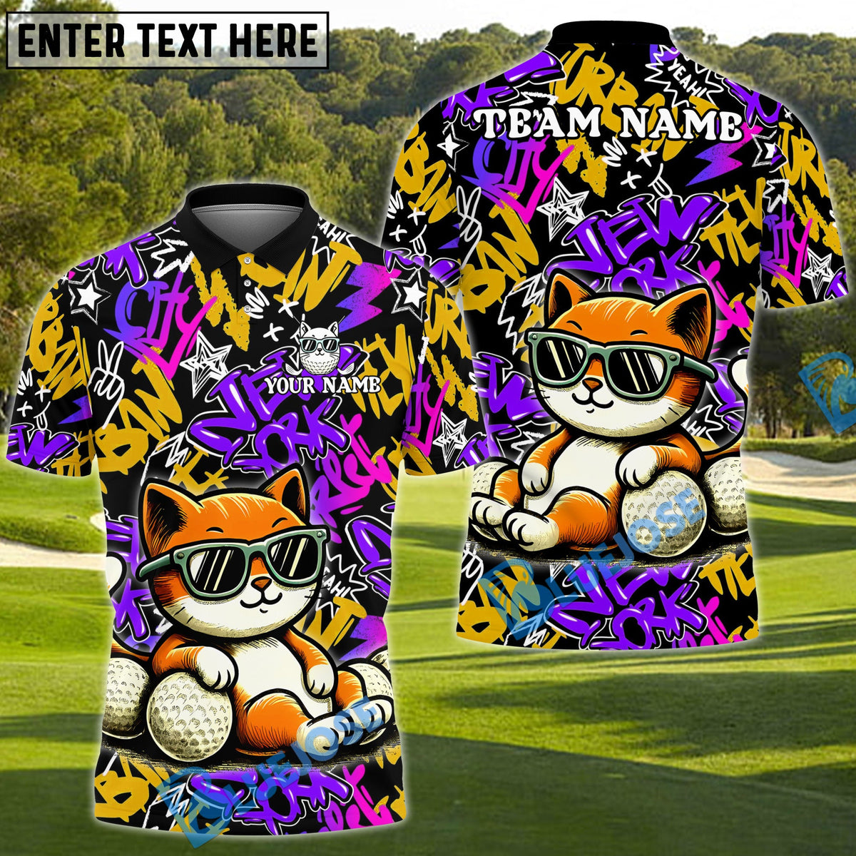 BlueJose Cool Cat Swing Golf Polo Shirt, Customized Name & Team Name 3D Shirts (4 Colors)