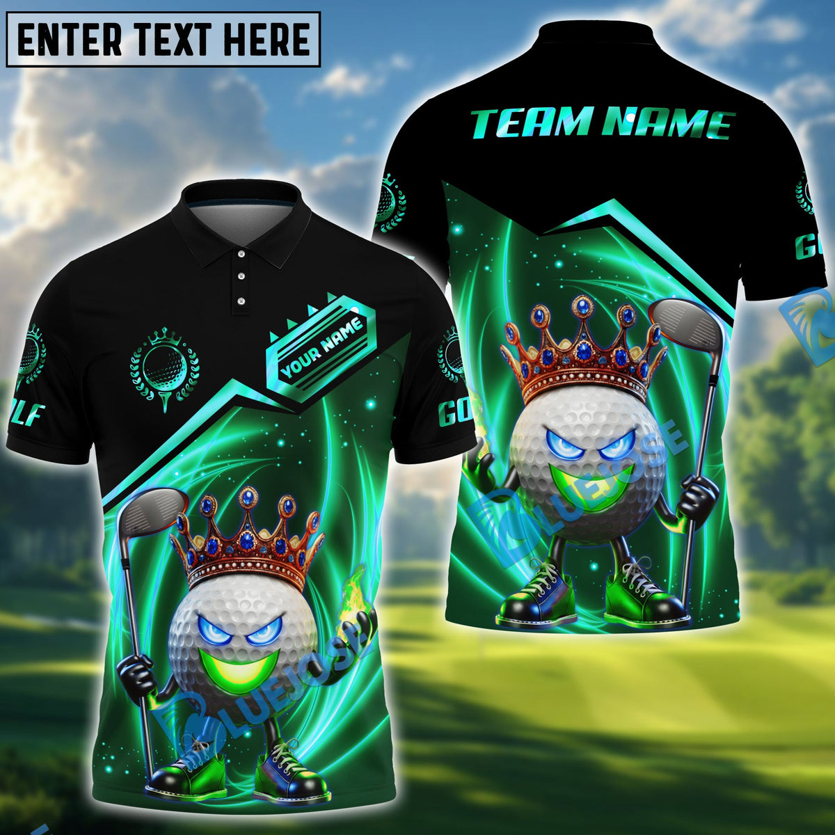 BlueJose King of Swing Golf Polo Shirt, Customized Name & Team Name 3D Shirts (4 Colors)