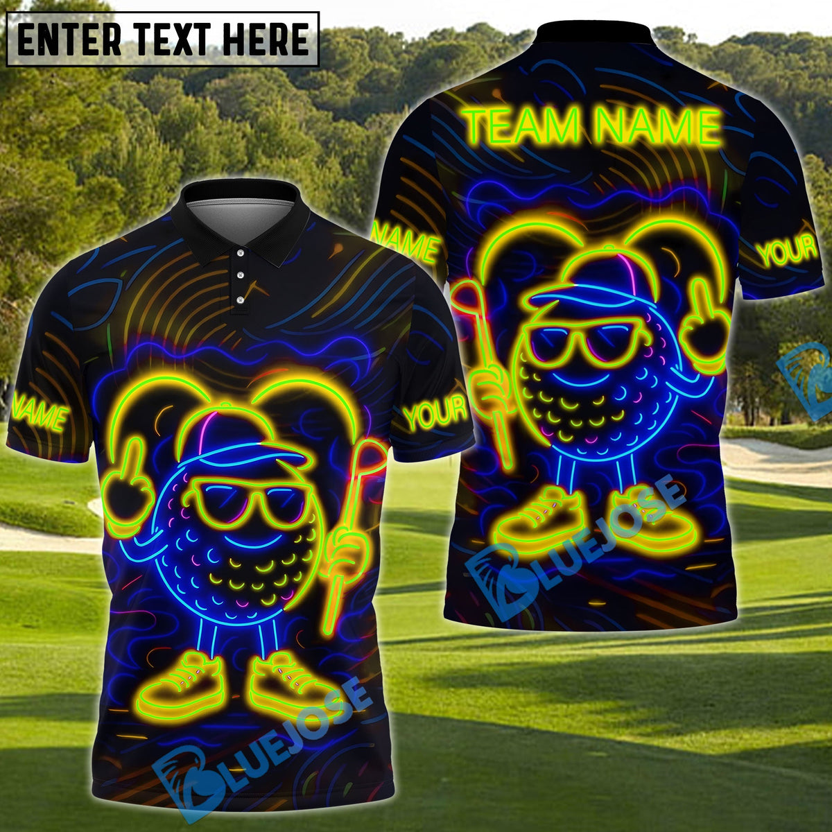 BlueJose Neon Swing Ball Golf Polo Shirt, Customized Name & Team Name 3D Shirts (4 Colors)