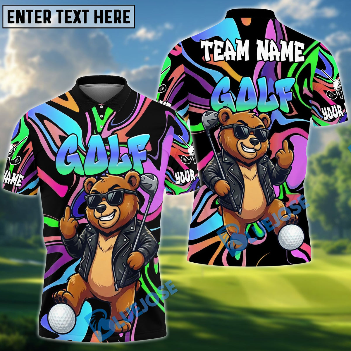 BlueJose Cool Bear Golf Polo Shirt, Customized Name & Team Name 3D Shirts (4 Colors)