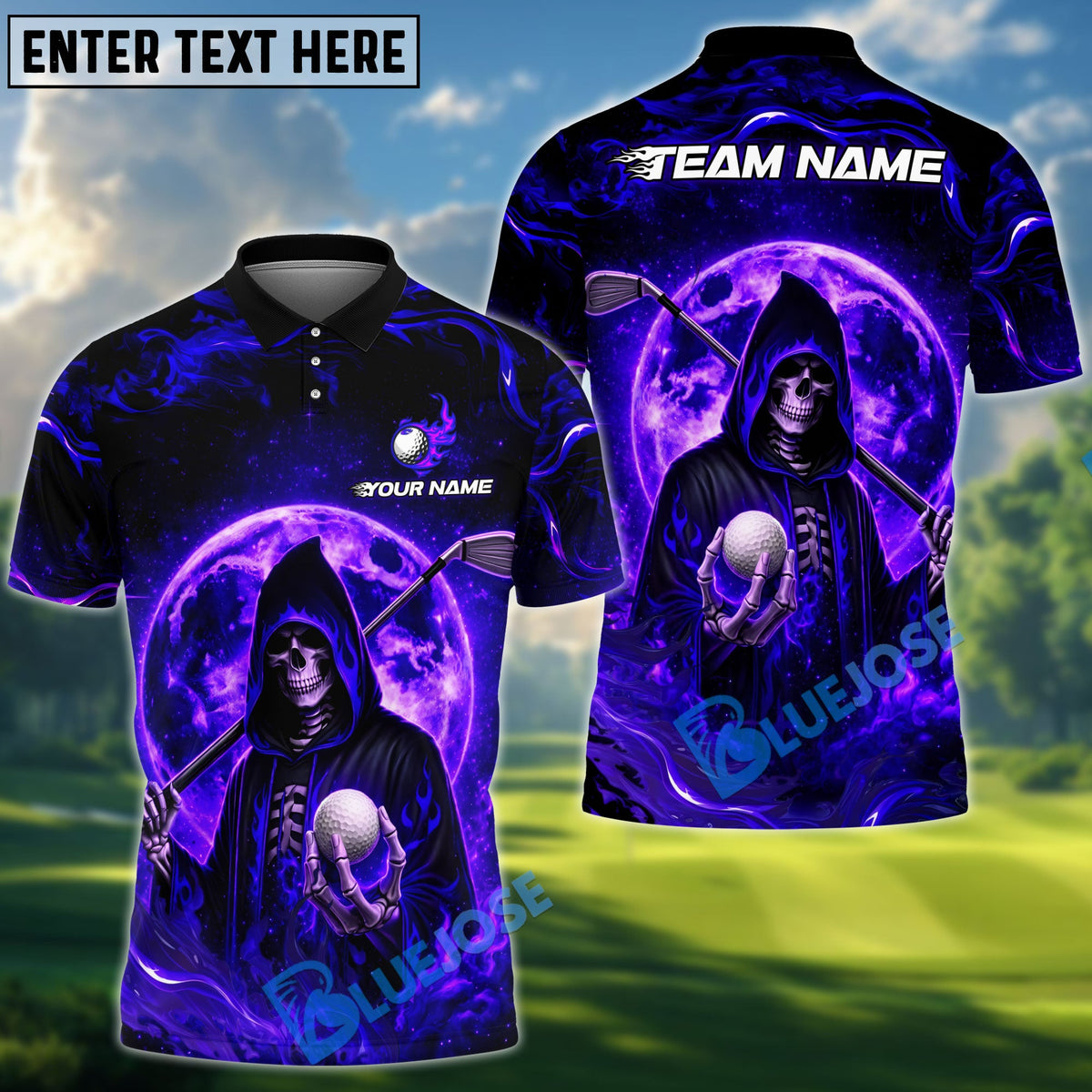 BlueJose Grim Reaper Fire Golf Polo Shirt, Customized Name & Team Name 3D Shirts (4 Colors)