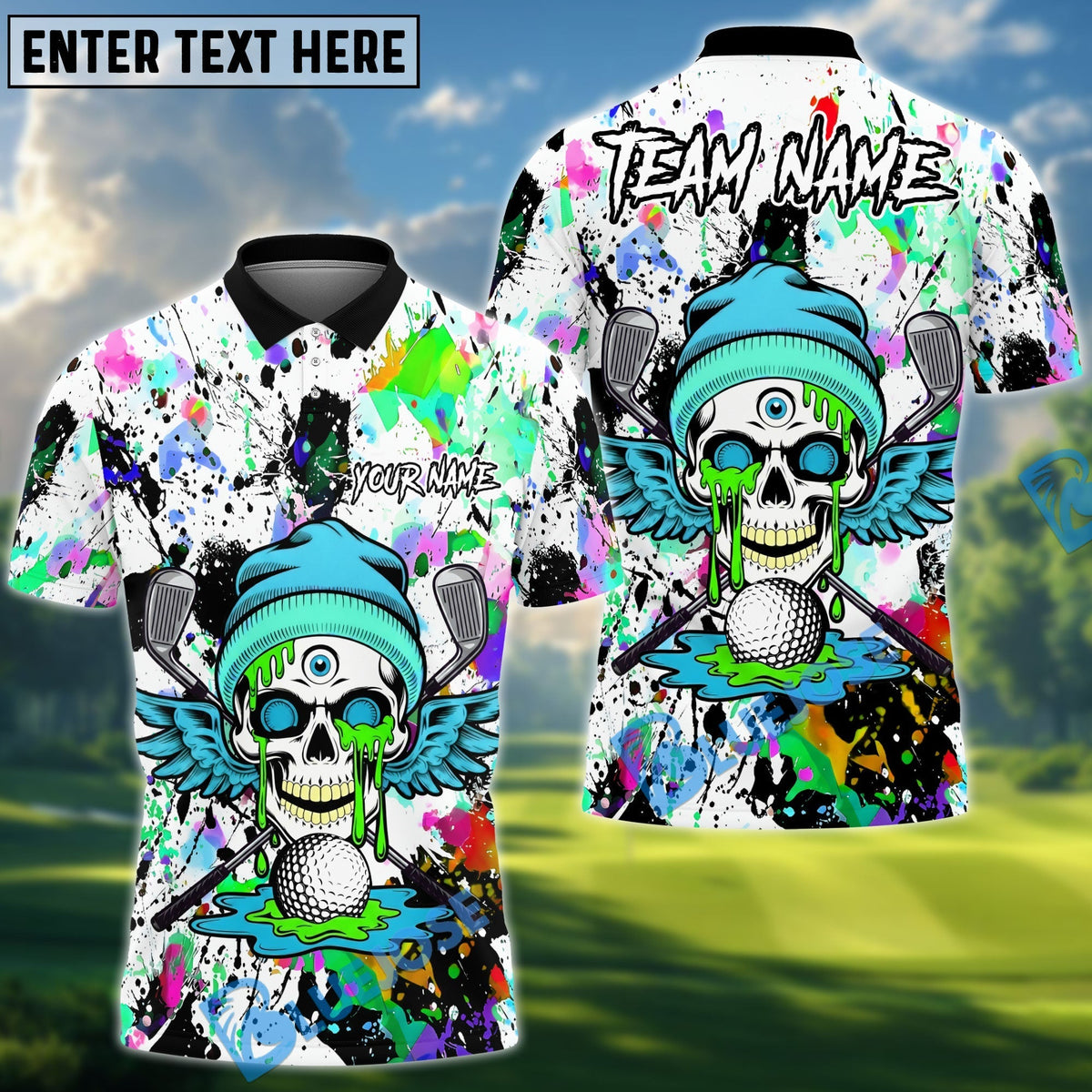 BlueJose Graffiti Skull Golf Polo Customized Name, Team Name 3D Shirts (4 Colors)