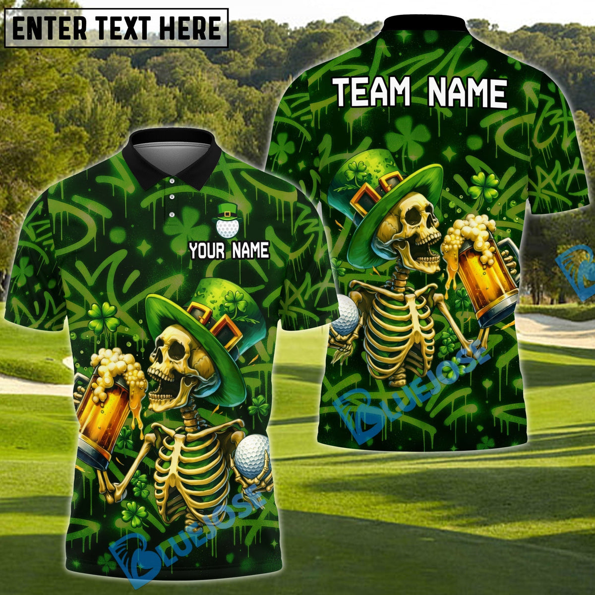 BlueJose St. Patrick Beer & Birdies Golf Polo Shirt Customized Name, Team Name Shirts