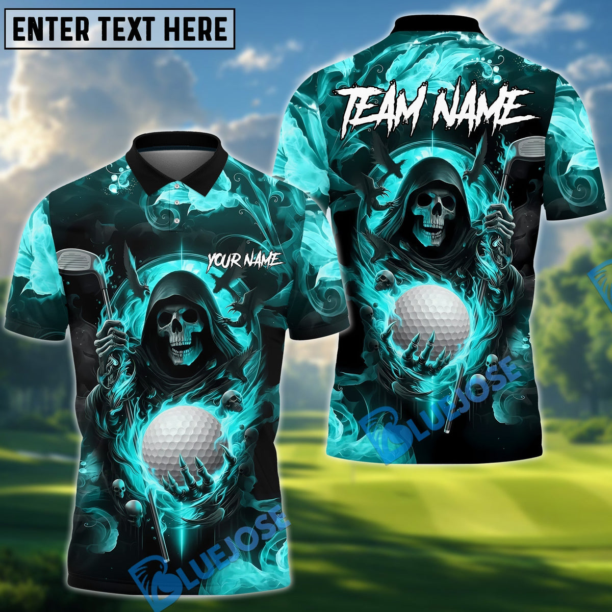 BlueJose Grim Reaper Golf Polo Customized Name, Team Name 3D Shirts (4 Colors)