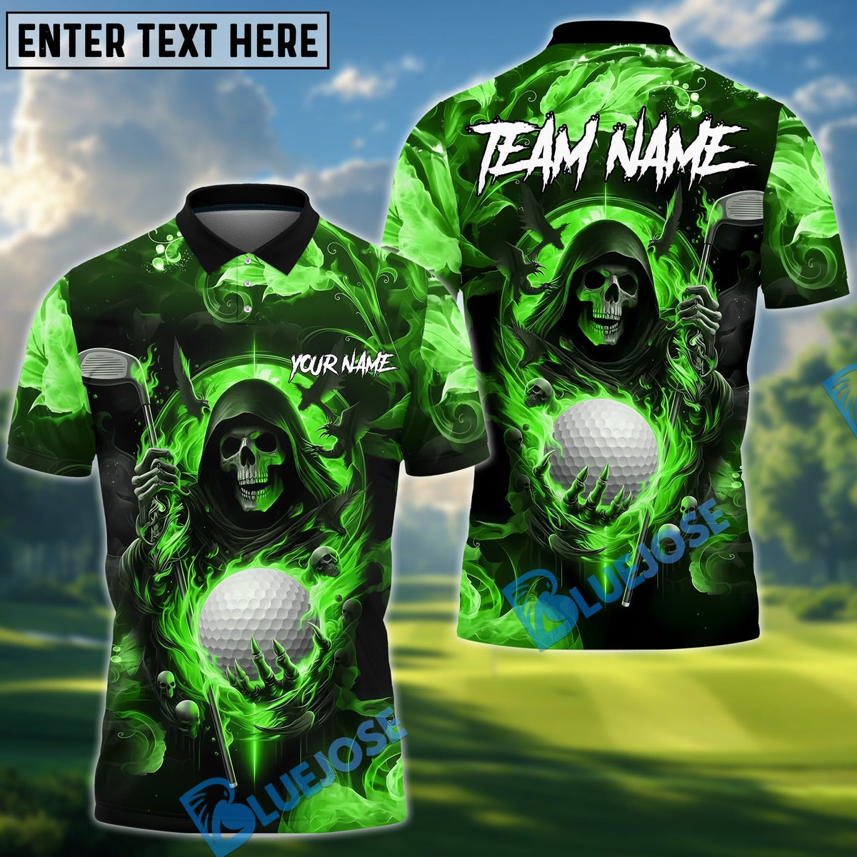 BlueJose Grim Reaper Golf Polo Customized Name, Team Name 3D Shirts (4 Colors)