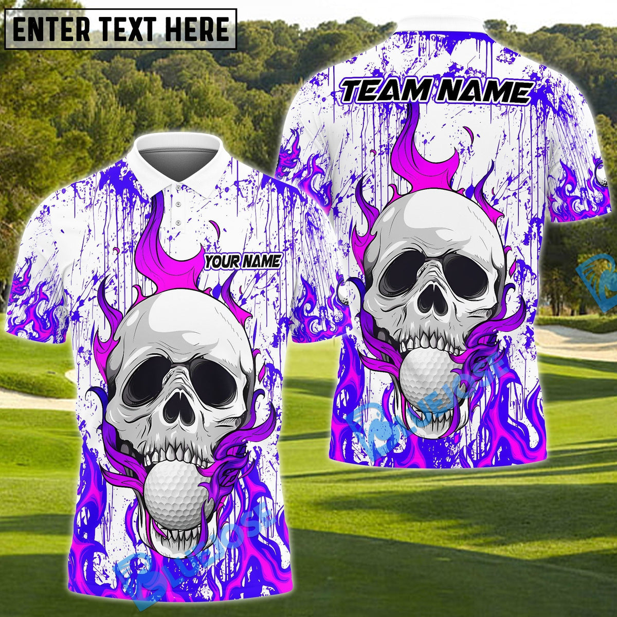 BlueJose Flaming Skull Golf Polo Customized Name, Team Name 3D Shirts (4 Colors)
