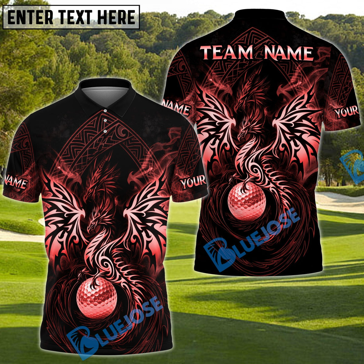 BlueJose Dragon Fairway Golf Polo Customized Name, Team Name 3D Shirts (4 Colors)