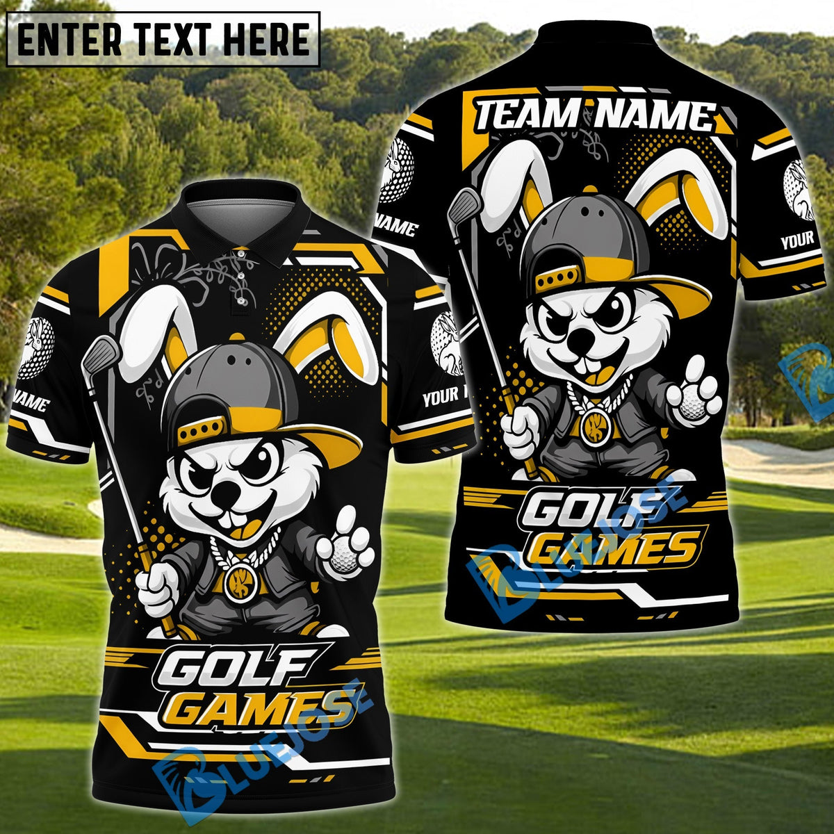 BlueJose Bunny Swing Golf Polo Customized Name, Team Name 3D Shirts (4 Colors)