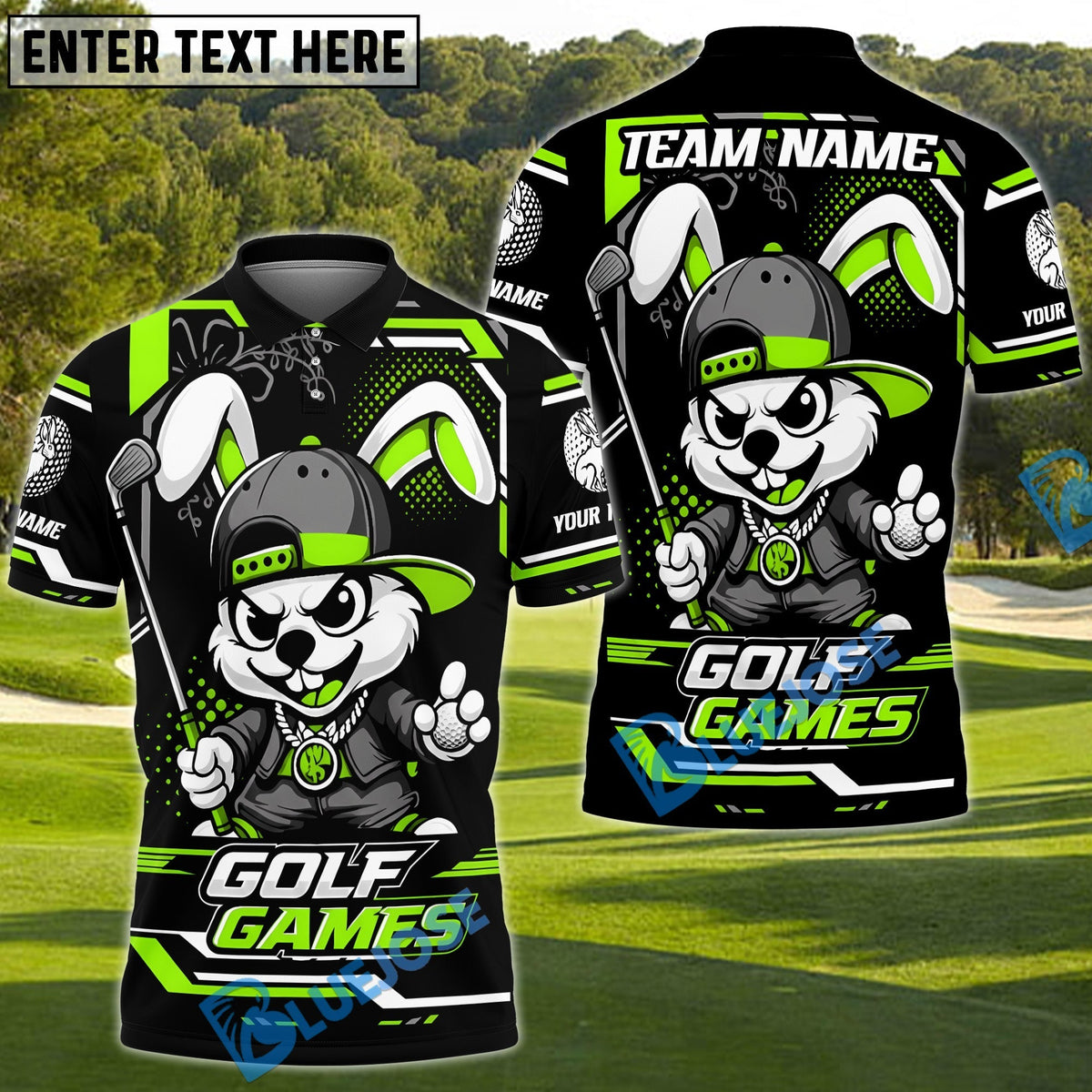BlueJose Bunny Swing Golf Polo Customized Name, Team Name 3D Shirts (4 Colors)