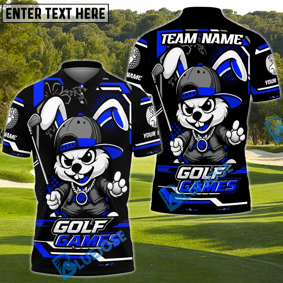 BlueJose Bunny Swing Golf Polo Customized Name, Team Name 3D Shirts (4 Colors)