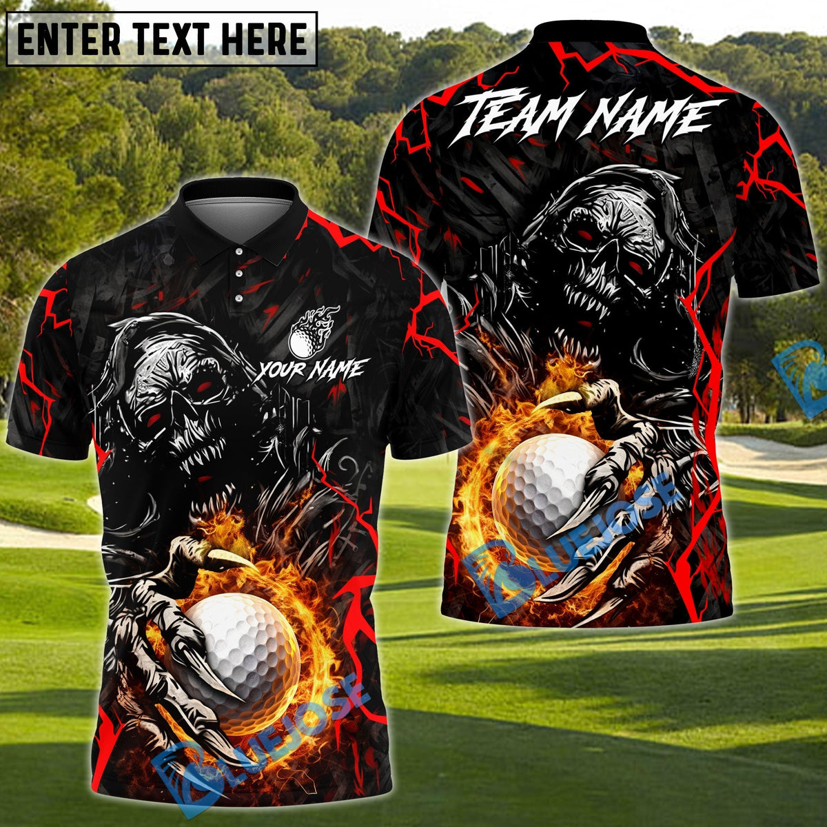 BlueJose Fire Reaper Golf Polo Customized Name, Team Name 3D Shirts (4 Colors)