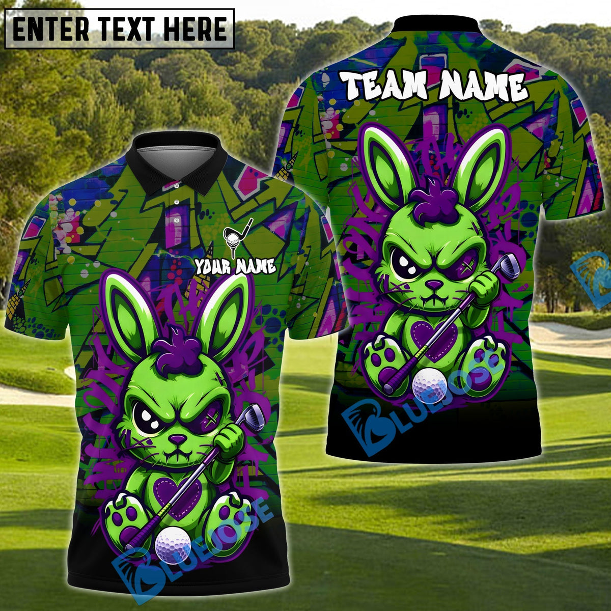 BlueJose Urban Graffiti Rabbit Golf Polo Shirt Customized Name, Team Name 3D Shirts (4 Colors)