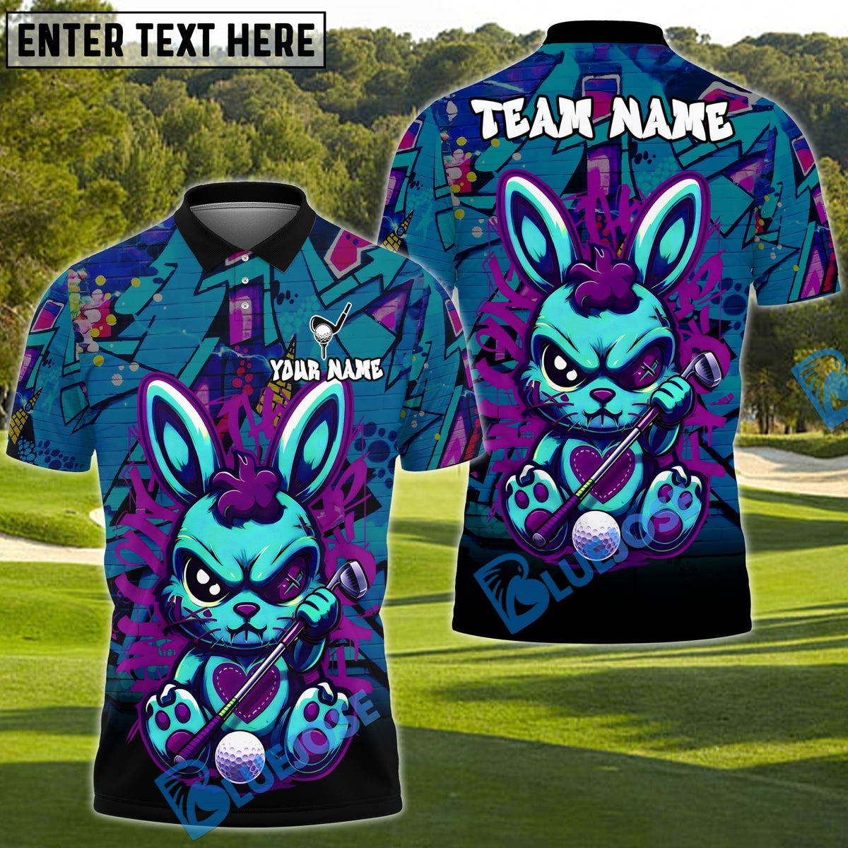 BlueJose Urban Graffiti Rabbit Golf Polo Shirt Customized Name, Team Name 3D Shirts (4 Colors)