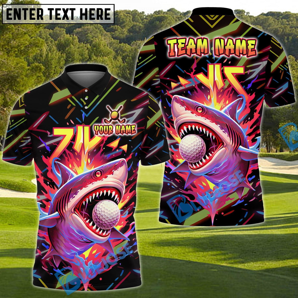 BlueJose Savage Shark Swing Golf Polo Shirt Customized Name, Team Name 3D Shirts (4 Colors)