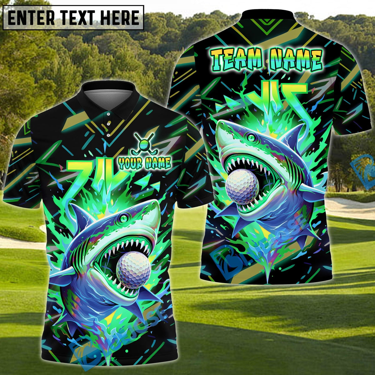 BlueJose Savage Shark Swing Golf Polo Shirt Customized Name, Team Name 3D Shirts (4 Colors)