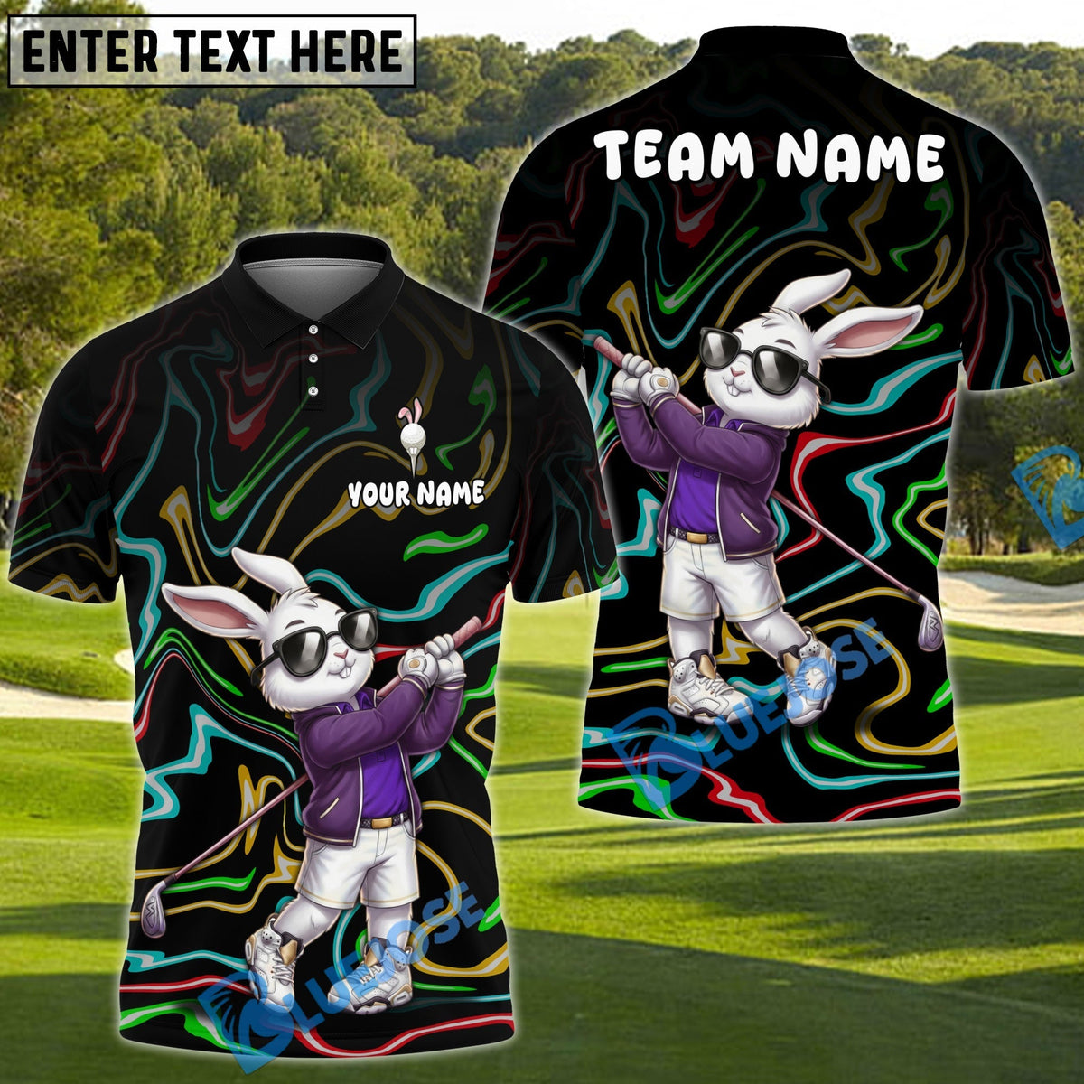 BlueJose Neon Swing Rabbit Golf Polo Shirt Customized Name, Team Name 3D Shirts (4 Colors)