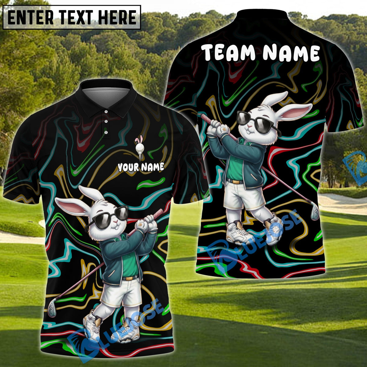 BlueJose Neon Swing Rabbit Golf Polo Shirt Customized Name, Team Name 3D Shirts (4 Colors)