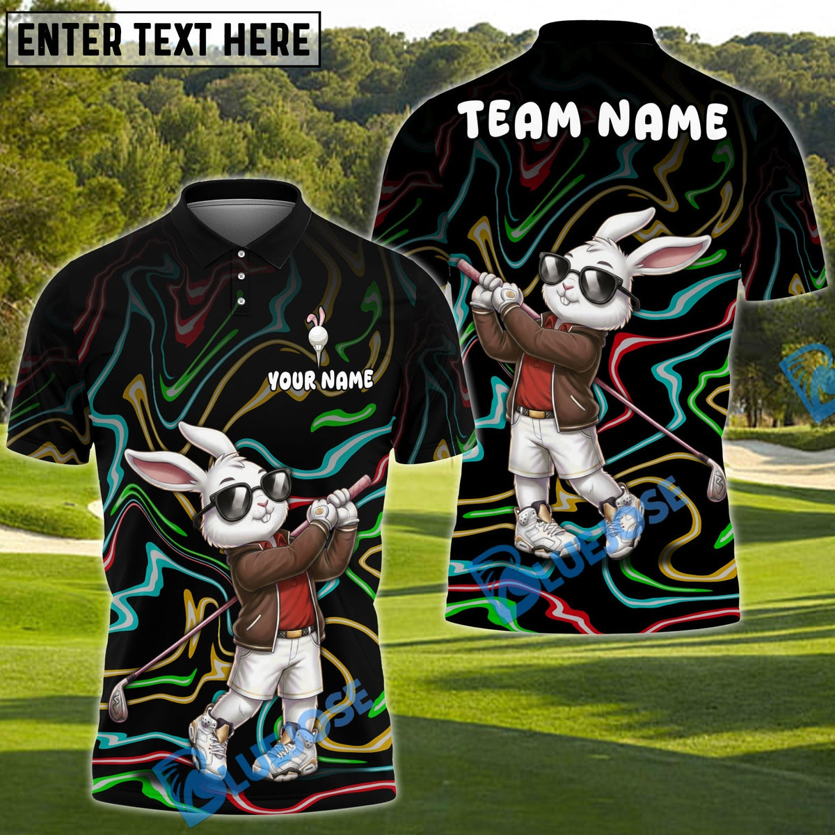 BlueJose Neon Swing Rabbit Golf Polo Shirt Customized Name, Team Name 3D Shirts (4 Colors)