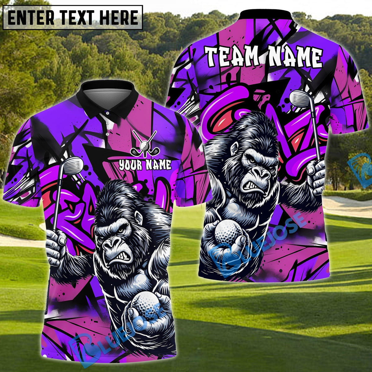 BlueJose Savage Gorilla Swing Golf Polo Shirt Customized Name, Team Name 3D Shirts (4 Colors)