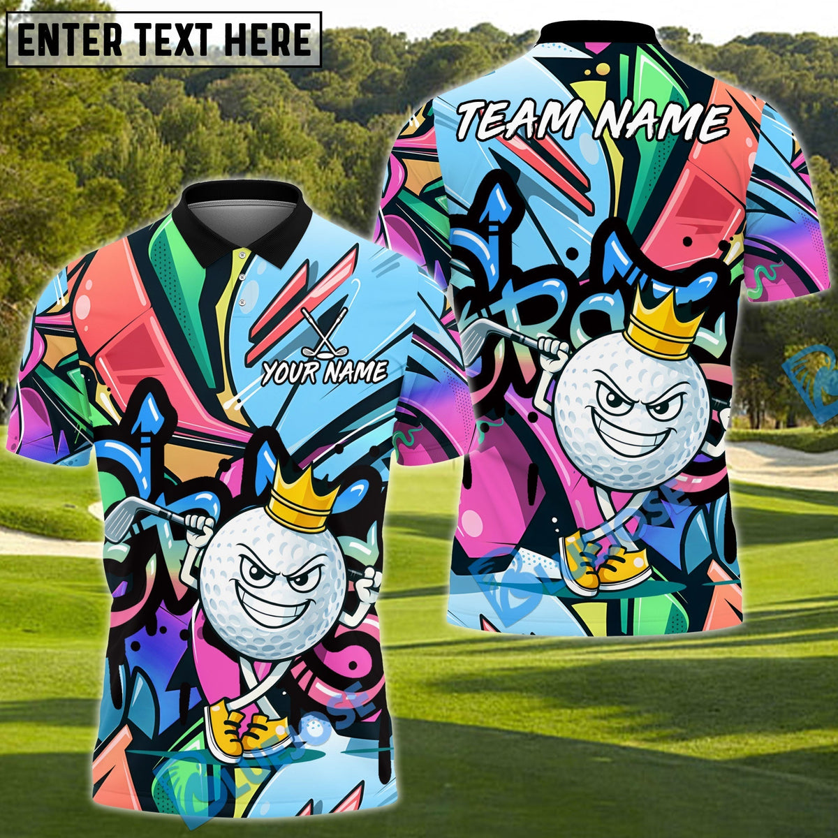 BlueJose Graffiti Swing King Golf Polo Personalized Name, Team Name 3D Shirt (4 Colors)
