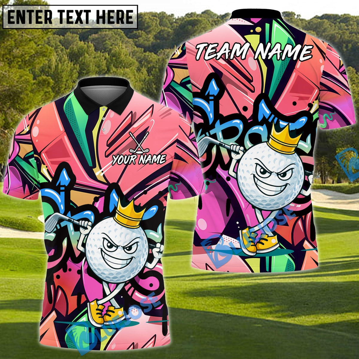 BlueJose Graffiti Swing King Golf Polo Personalized Name, Team Name 3D Shirt (4 Colors)