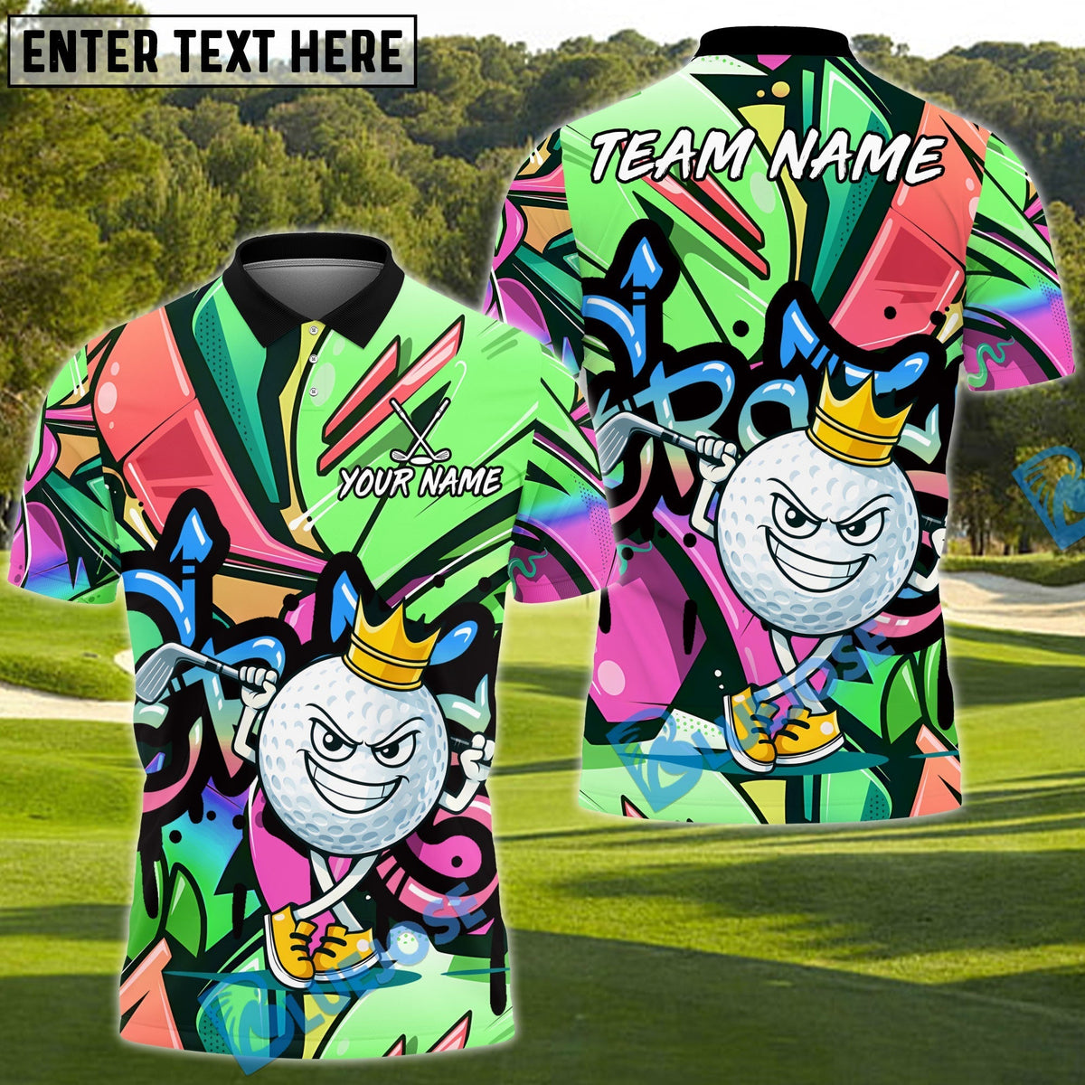 BlueJose Graffiti Swing King Golf Polo Personalized Name, Team Name 3D Shirt (4 Colors)
