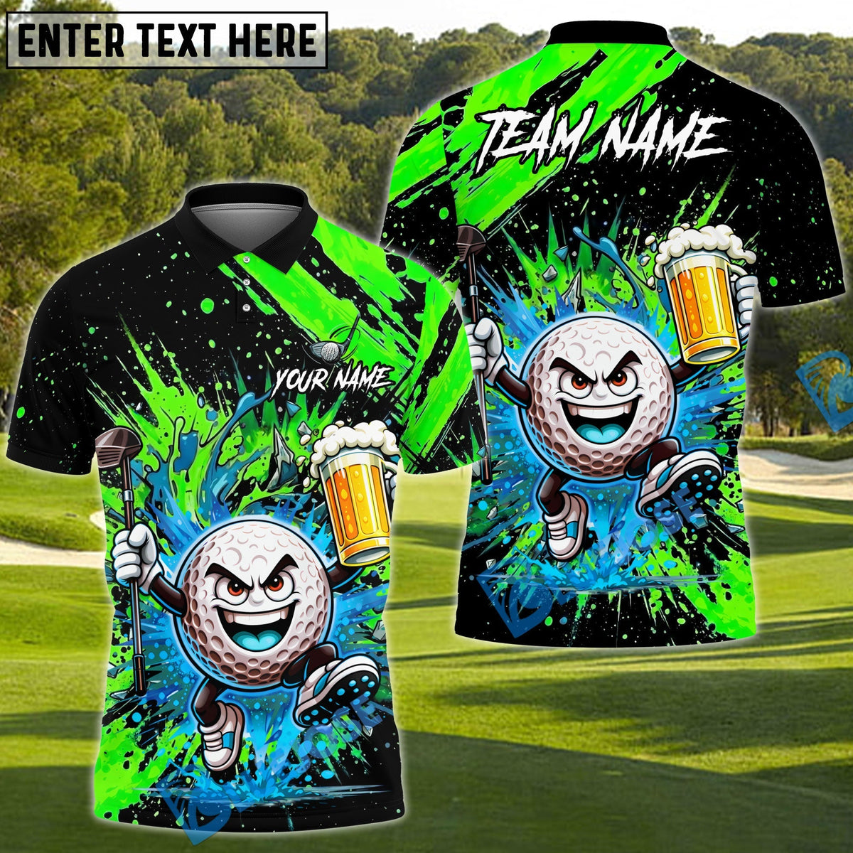 BlueJose Splash Swing Golf Polo Personalized Name, Team Name 3D Shirt (4 Colors)