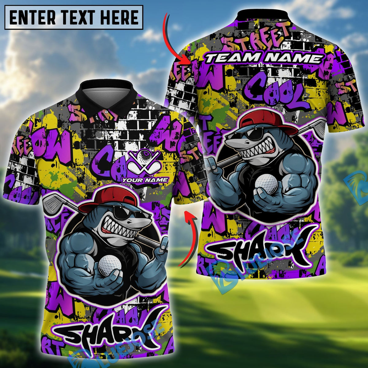 BlueJose Urban Swing Shark Golf Polo Personalized Name, Team Name 3D Shirt (4 Colors)