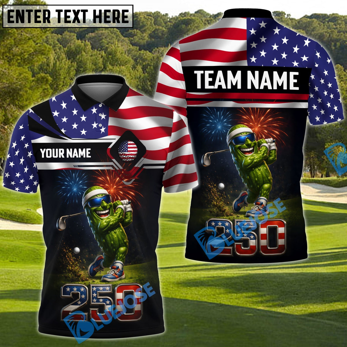 BlueJose USA 250 Freedom Swing Golf Polo Customized Name, Team Name Shirts