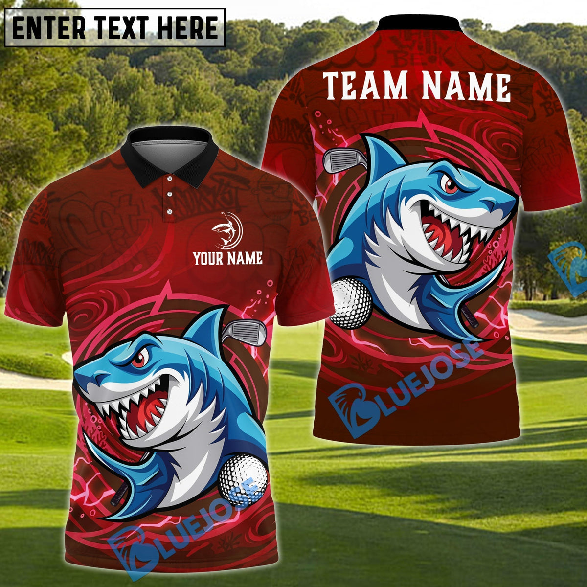 BlueJose Shark Attack Golf Polo Personalized Name, Team Name 3D Shirt (4 Colors)
