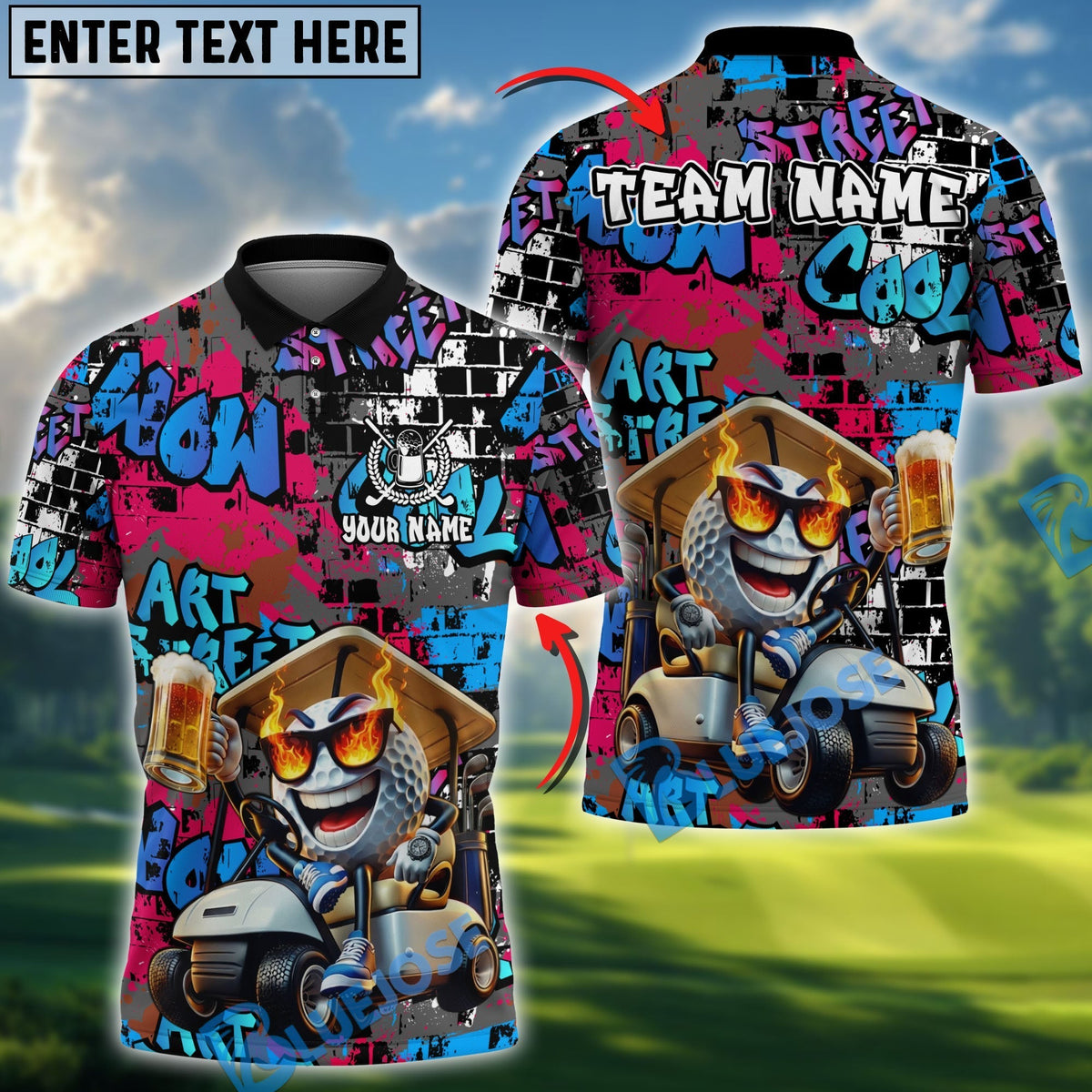 BlueJose Beer & Golf Cart Polo Personalized Name, Team Name 3D Shirt (4 Colors)