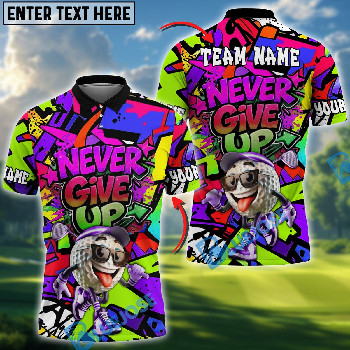 BlueJose Color Splash Never Give Up Golf Polo Personalized Name, Team Name 3D Shirt (4 Colors)
