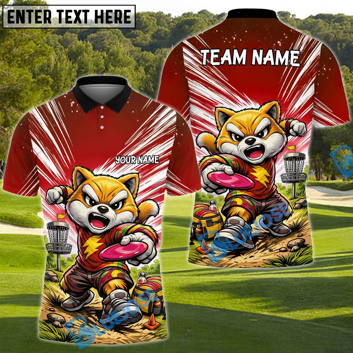 BlueJose Shiba Inu Disc Golf Action Polo Personalized Name, Team Name 3D Shirt (4 Colors)