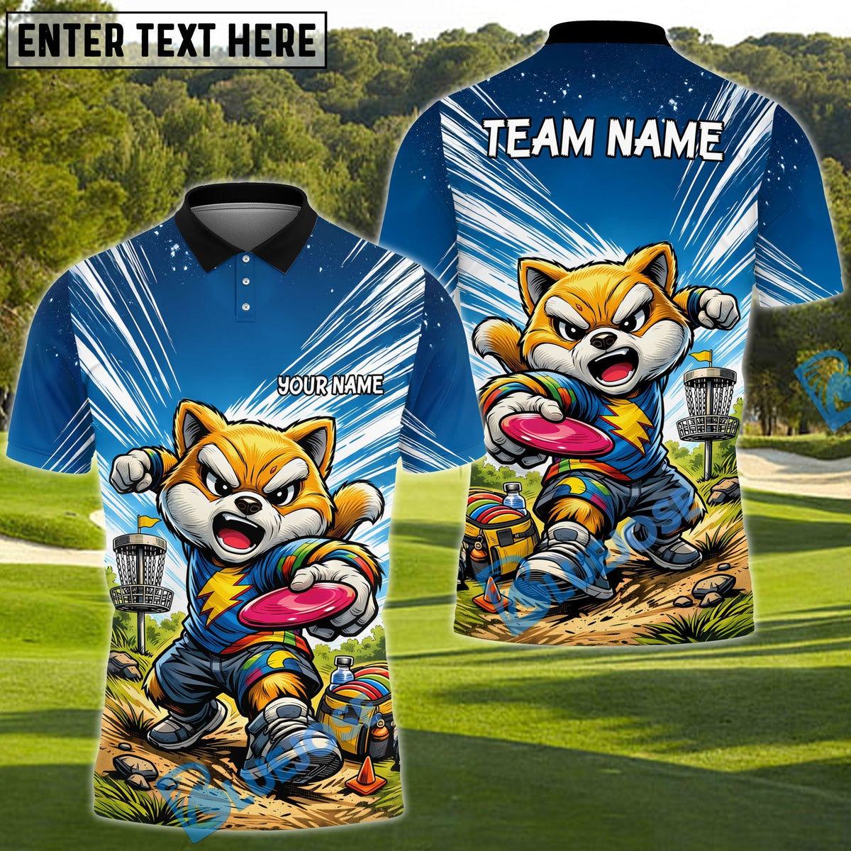 BlueJose Shiba Inu Disc Golf Action Polo Personalized Name, Team Name 3D Shirt (4 Colors)