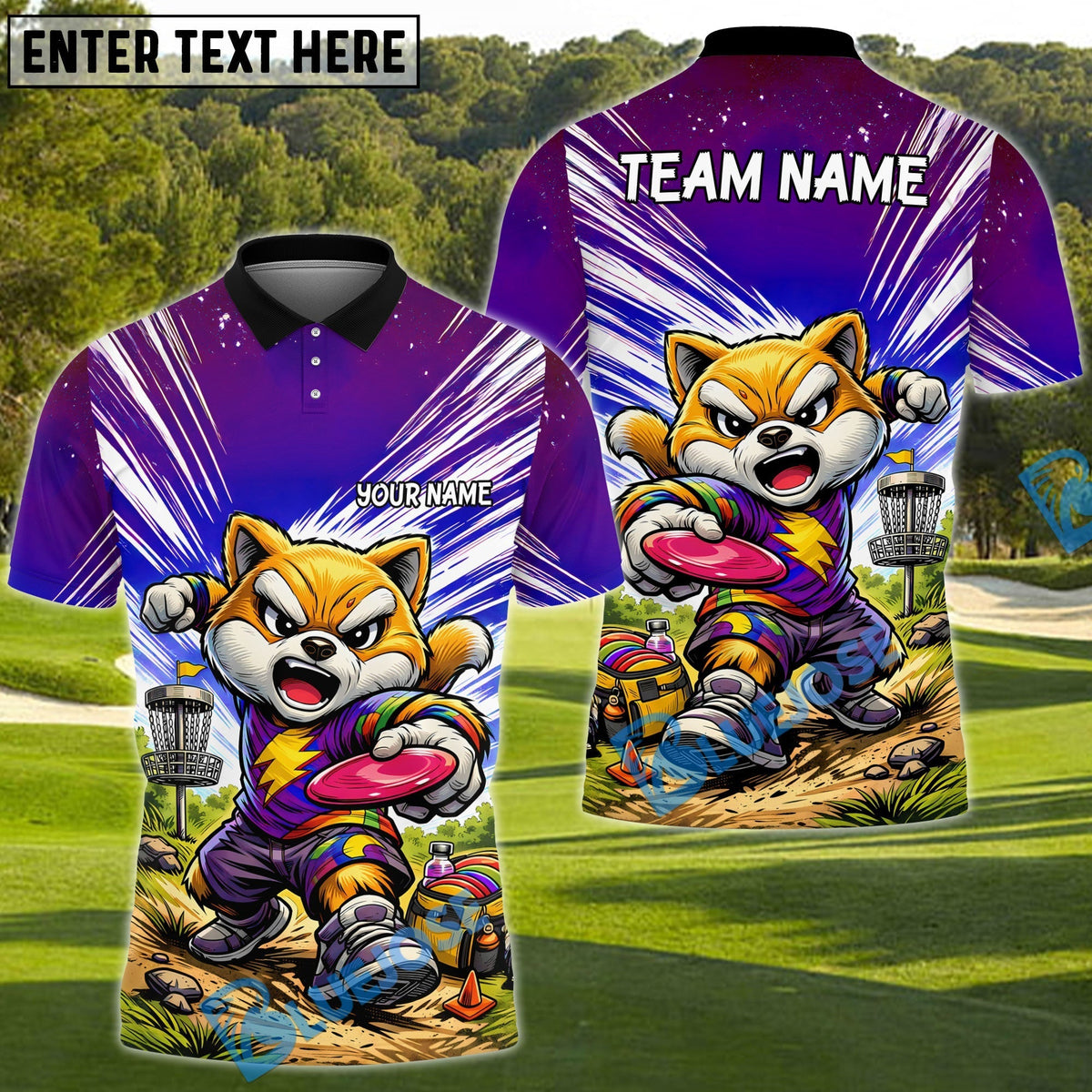 BlueJose Shiba Inu Disc Golf Action Polo Personalized Name, Team Name 3D Shirt (4 Colors)