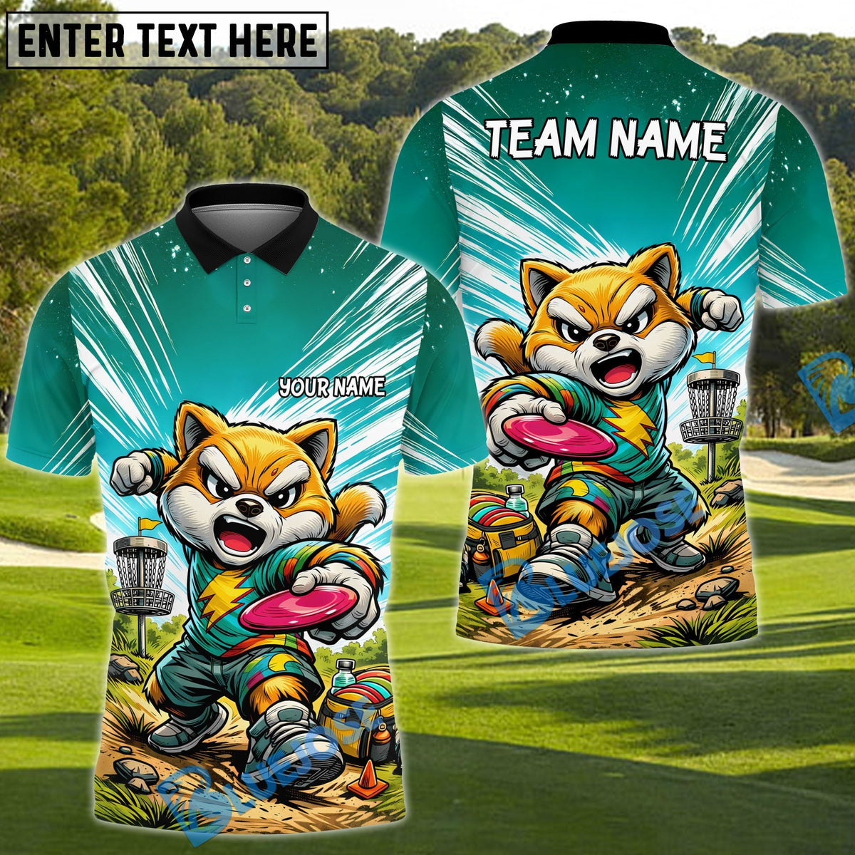 BlueJose Shiba Inu Disc Golf Action Polo Personalized Name, Team Name 3D Shirt (4 Colors)